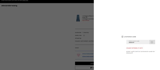 Alexander Wang checkout page showing Alexander Wang promo code box | Screenshot taken by SimplyCodes community member on Aug 25, 2025