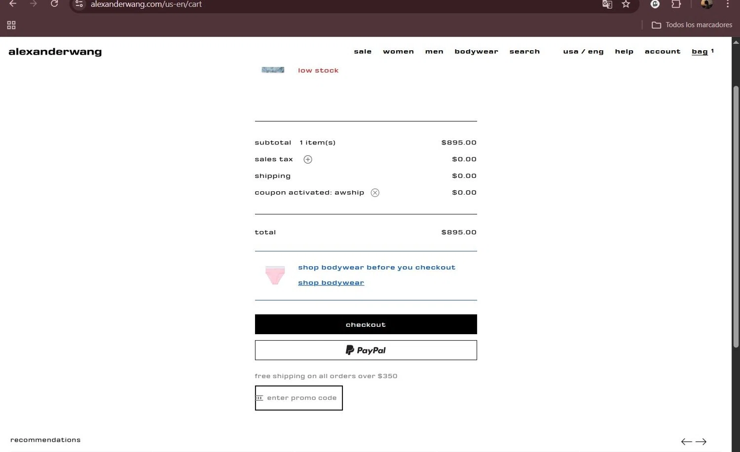 Alexander Wang promo code screenshot showing code AWSHIP applied at Alexander Wang checkout page. Uploaded by SimplyCodes community member Milaya on Jul 24, 2025