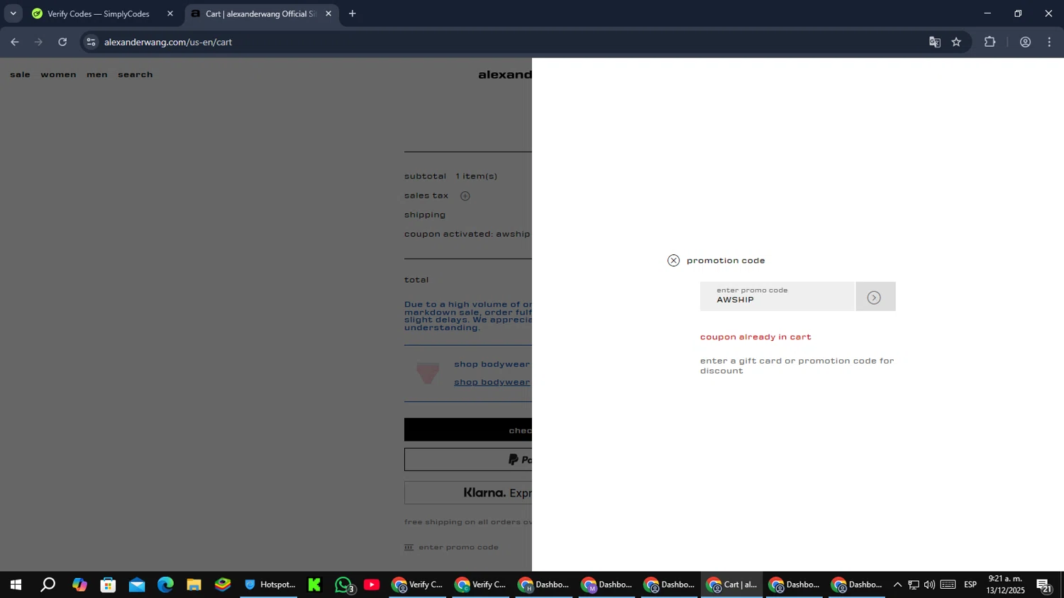 Alexander Wang promo code screenshot showing code AWSHIP applied at Alexander Wang checkout page. Uploaded by SimplyCodes community member MoneyPilot9165 on Dec 13, 2025