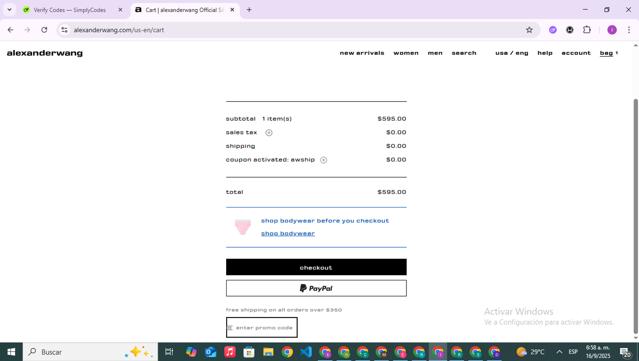 Alexander Wang checkout page showing Alexander Wang promo code box | Screenshot taken by SimplyCodes community member on Sep 16, 2025