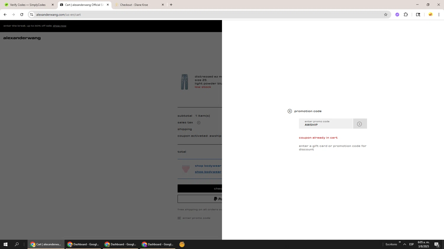 Alexander Wang promo code screenshot showing code AWSHIP applied at Alexander Wang checkout page. Uploaded by SimplyCodes community member Richard251 on Aug 3, 2025