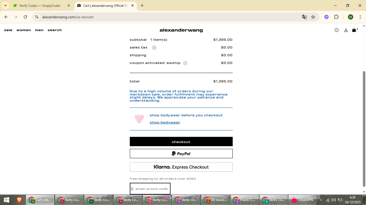 Alexander Wang promo code screenshot showing code AWSHIP applied at Alexander Wang checkout page. Uploaded by SimplyCodes community member loversuper on Dec 24, 2025