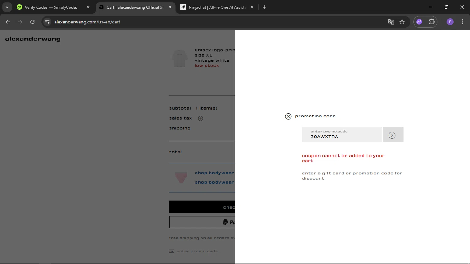 Alexander Wang promo code screenshot showing code 20AWXTRA applied at Alexander Wang checkout page. Uploaded by SimplyCodes community member satoru on Aug 19, 2025
