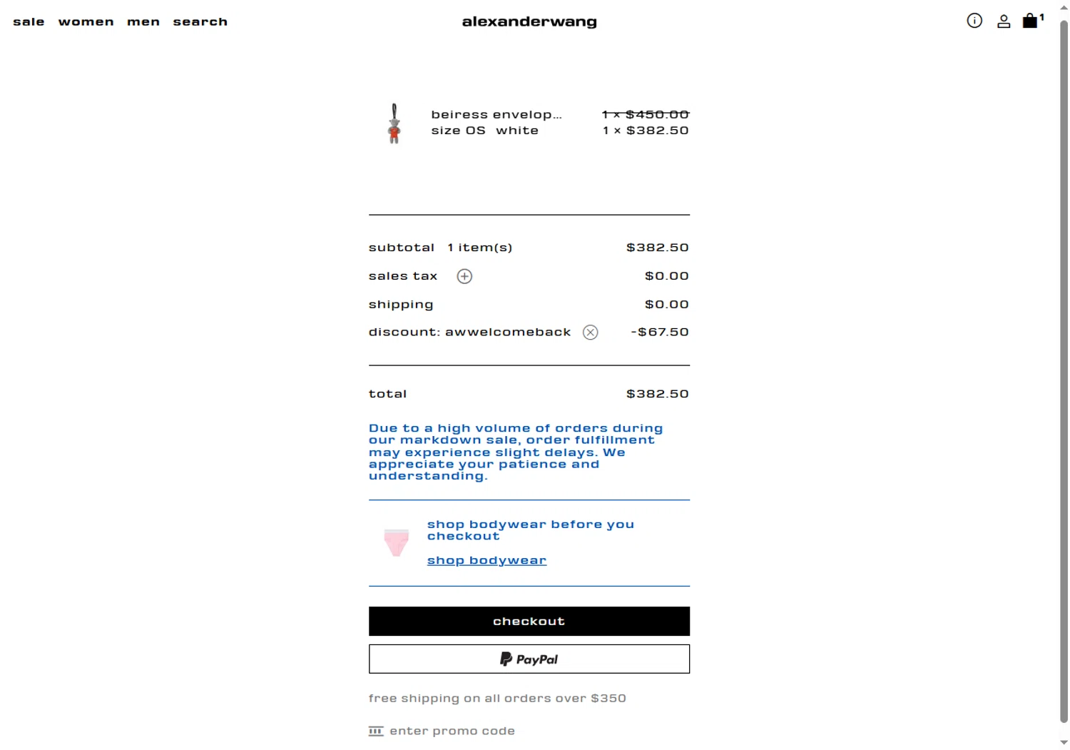 Alexander Wang checkout page showing Alexander Wang promo code box | Screenshot taken by SimplyCodes community member on Jan 24, 2026