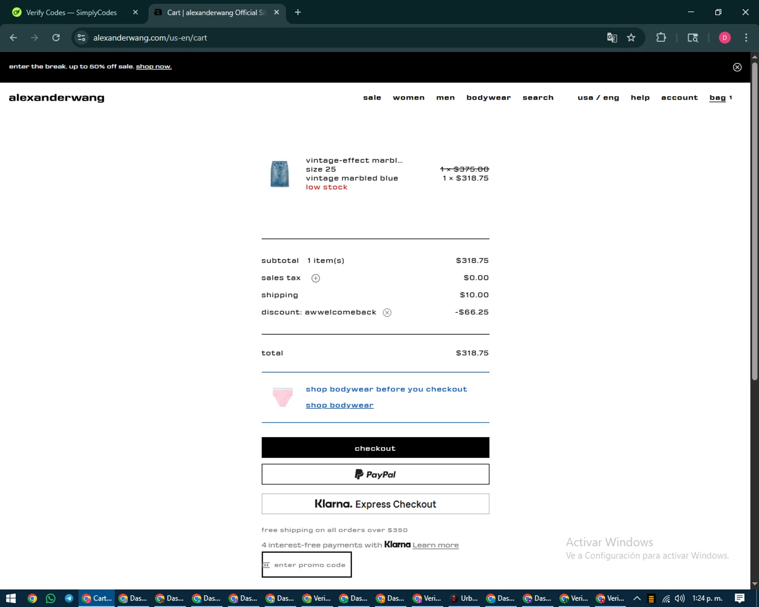 Alexander Wang promo code screenshot showing code AWWELCOMEBACK applied at Alexander Wang checkout page. Uploaded by SimplyCodes community member MoneySeeker7165 on Aug 27, 2025