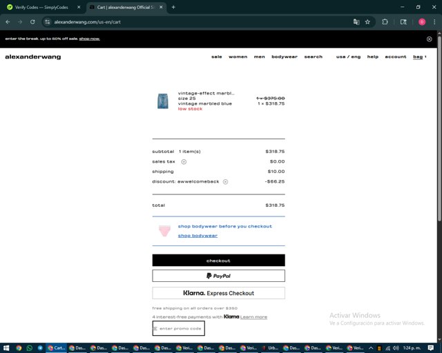 Alexander Wang checkout page showing Alexander Wang promo code box | Screenshot taken by SimplyCodes community member on Aug 27, 2025