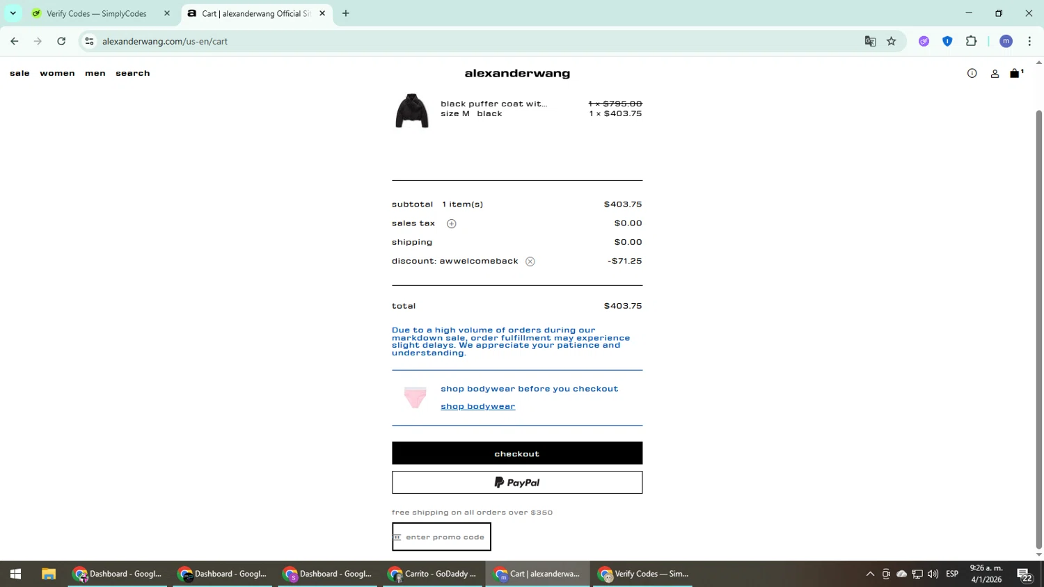 Alexander Wang checkout page showing Alexander Wang promo code box | Screenshot taken by SimplyCodes community member on Jan 4, 2026