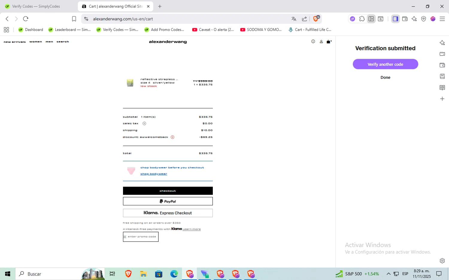 Alexander Wang promo code screenshot showing code AWWELCOMEBACK applied at Alexander Wang checkout page. Uploaded by SimplyCodes community member Rayyyyyy on Nov 11, 2025