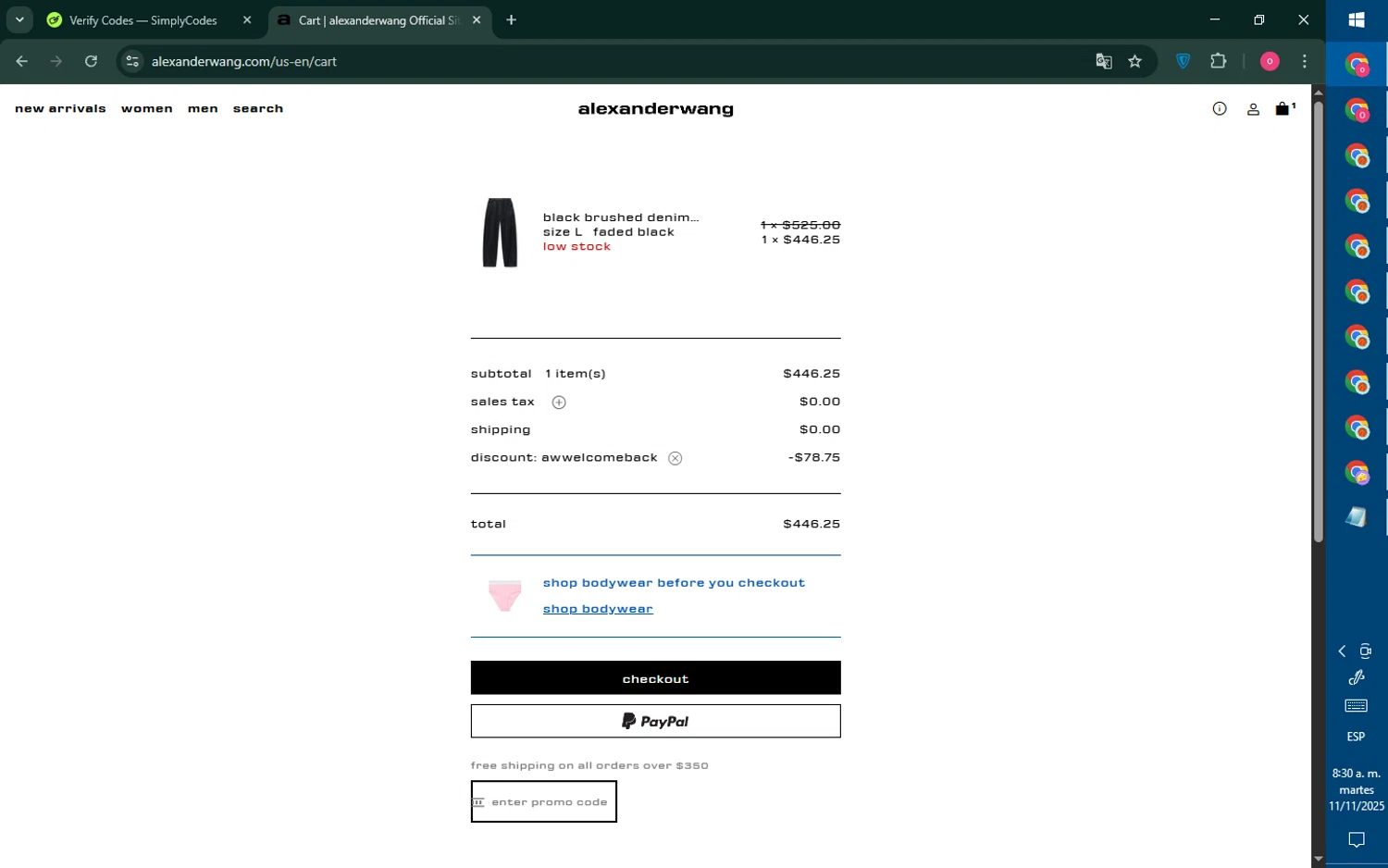 Alexander Wang promo code screenshot showing code AWWELCOMEBACK applied at Alexander Wang checkout page. Uploaded by SimplyCodes community member RebateNavigator926 on Nov 11, 2025