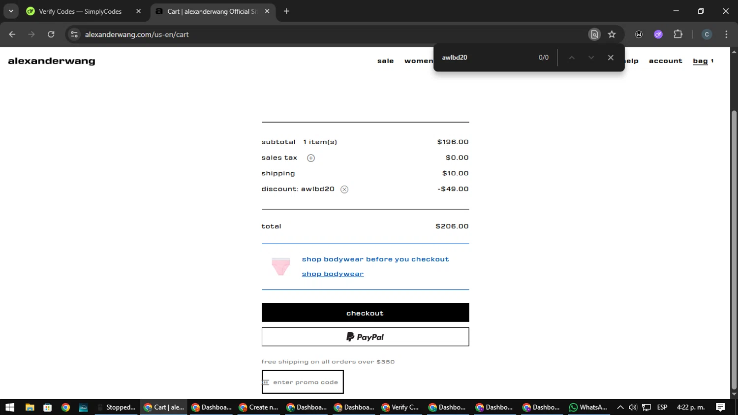 Alexander Wang promo code screenshot showing code awlbd20 applied at Alexander Wang checkout page. Uploaded by SimplyCodes community member Nata_Montana on Aug 29, 2025