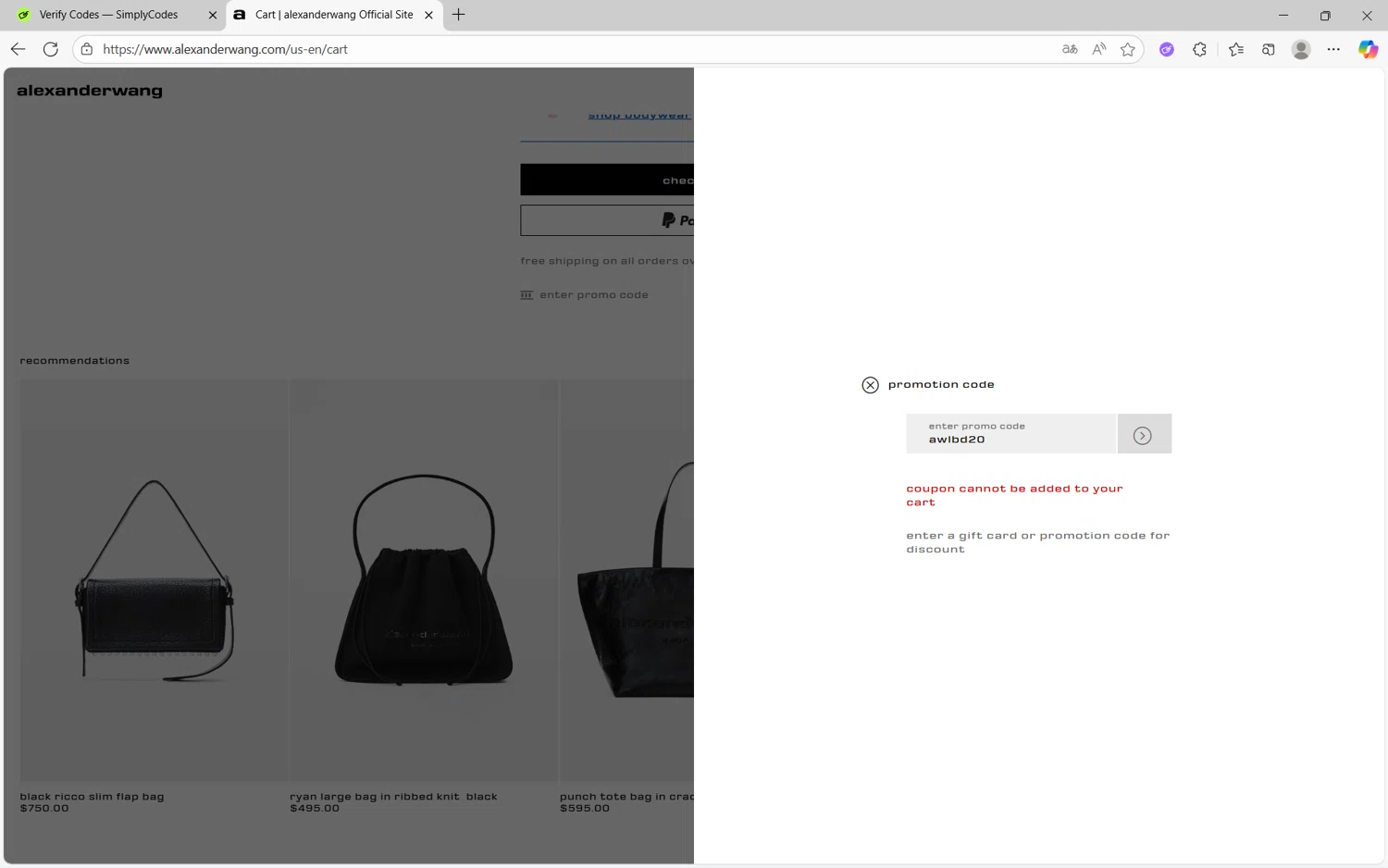 Alexander Wang promo code screenshot showing code awlbd20 applied at Alexander Wang checkout page. Uploaded by SimplyCodes community member frijolito on Sep 20, 2025