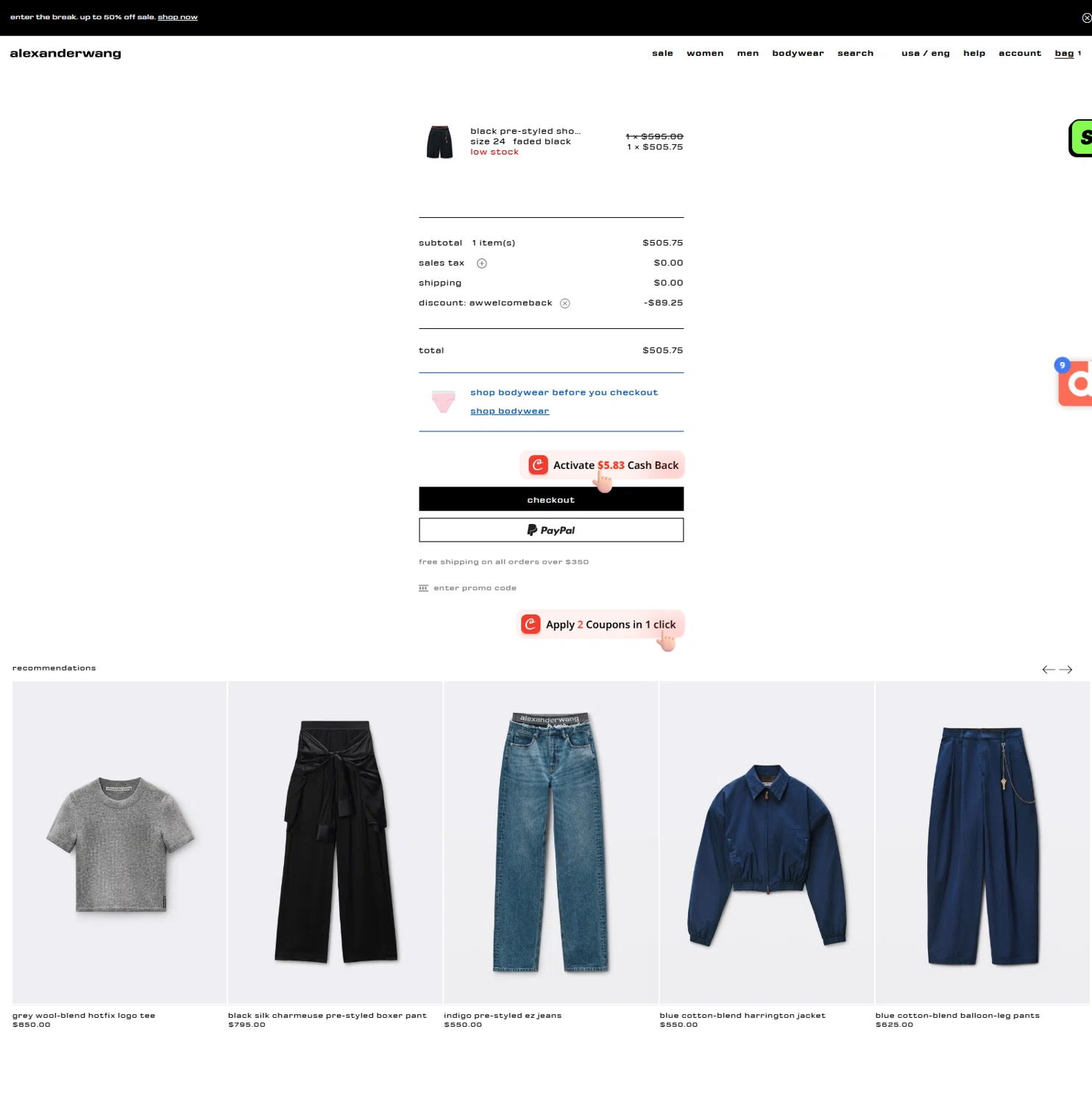 Alexander Wang promo code screenshot showing code AWWELCOMEBACK applied at Alexander Wang checkout page. Uploaded by SimplyCodes community member Serdanvz on Aug 18, 2025