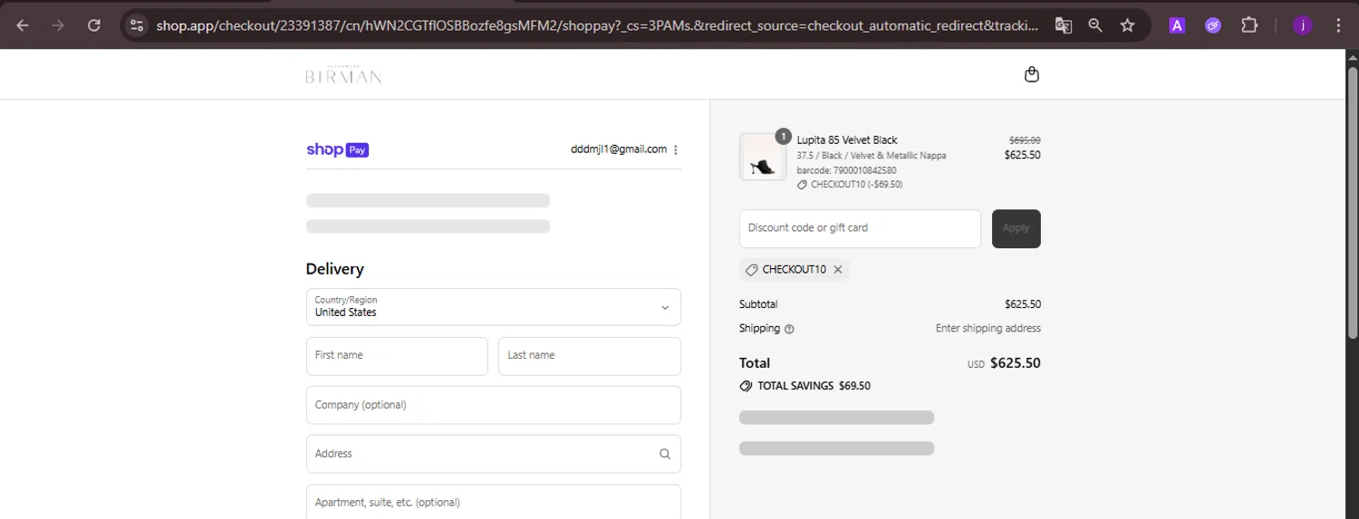 Alexandre Birman promo code screenshot showing code CHECKOUT10 applied at Alexandre Birman checkout page. Uploaded by SimplyCodes community member CoinMaverick1452 on Aug 25, 2025