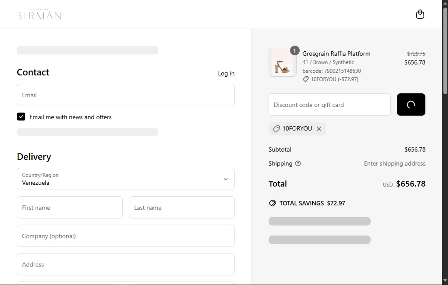 Alexandre Birman promo code screenshot showing code 10FORYOU applied at Alexandre Birman checkout page. Uploaded by SimplyCodes community member MagnificentFalcon188 on Jun 5, 2025