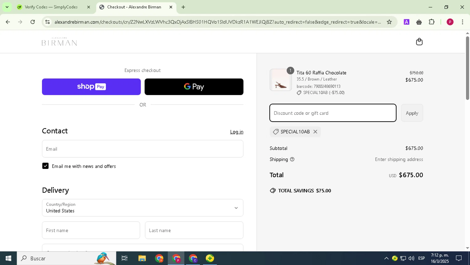 Alexandre Birman promo code screenshot showing code SPECIAL10AB applied at Alexandre Birman checkout page. Uploaded by SimplyCodes community member Paul_Skenes on Mar 16, 2025