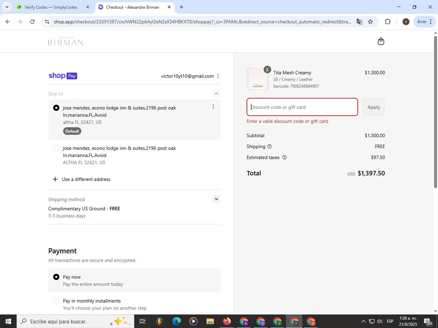 Alexandre Birman promo code screenshot showing code 20GIFT applied at Alexandre Birman checkout page. Uploaded by SimplyCodes community member CashLion3448 on Aug 21, 2025