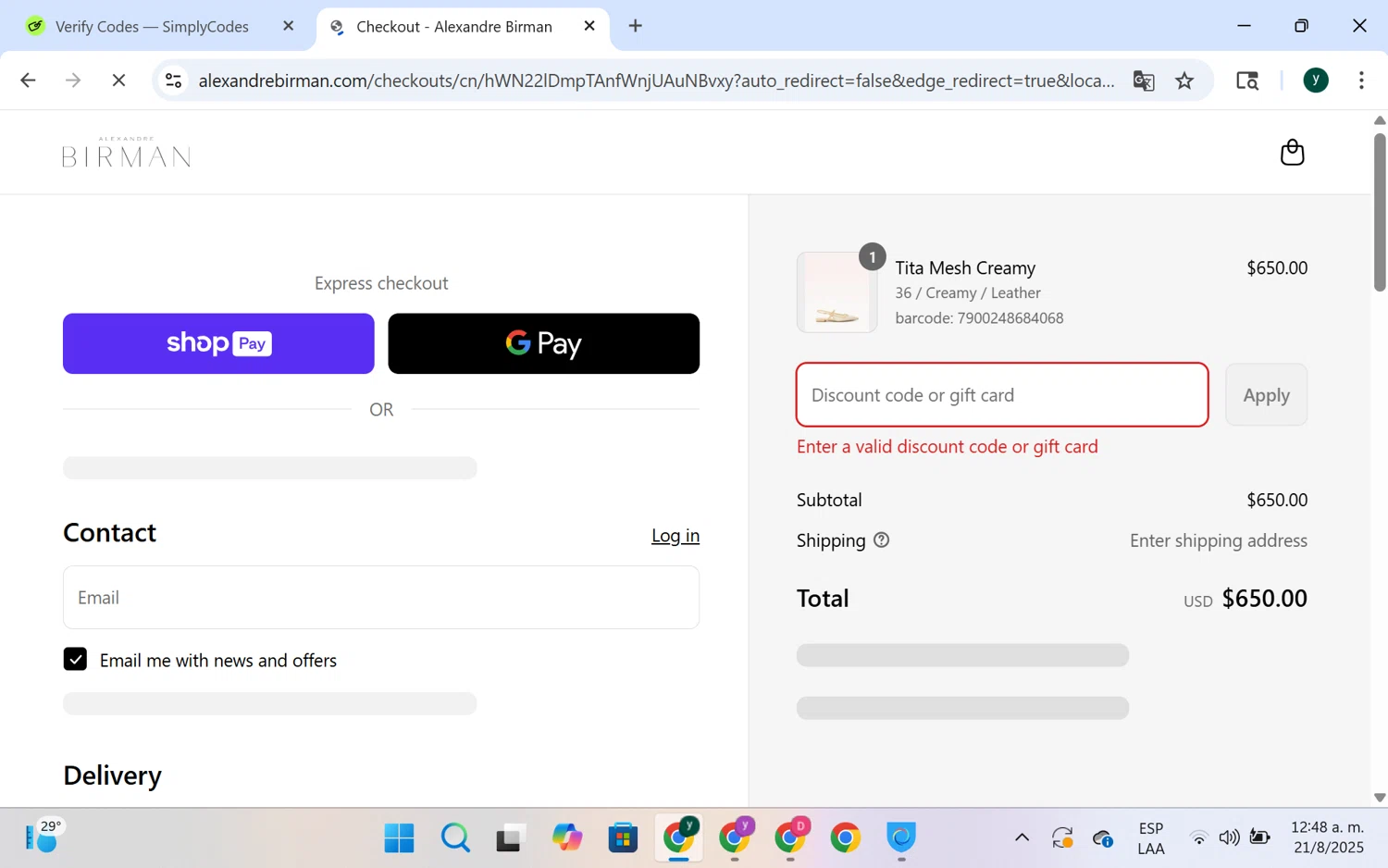 Alexandre Birman promo code screenshot showing code 20GIFT applied at Alexandre Birman checkout page. Uploaded by SimplyCodes community member chespi on Aug 21, 2025