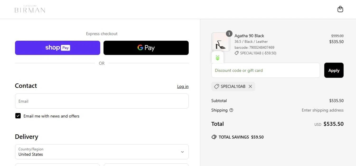 Alexandre Birman promo code screenshot showing code SPECIAL10AB applied at Alexandre Birman checkout page. Uploaded by SimplyCodes community member Diegodelavega on Mar 16, 2025