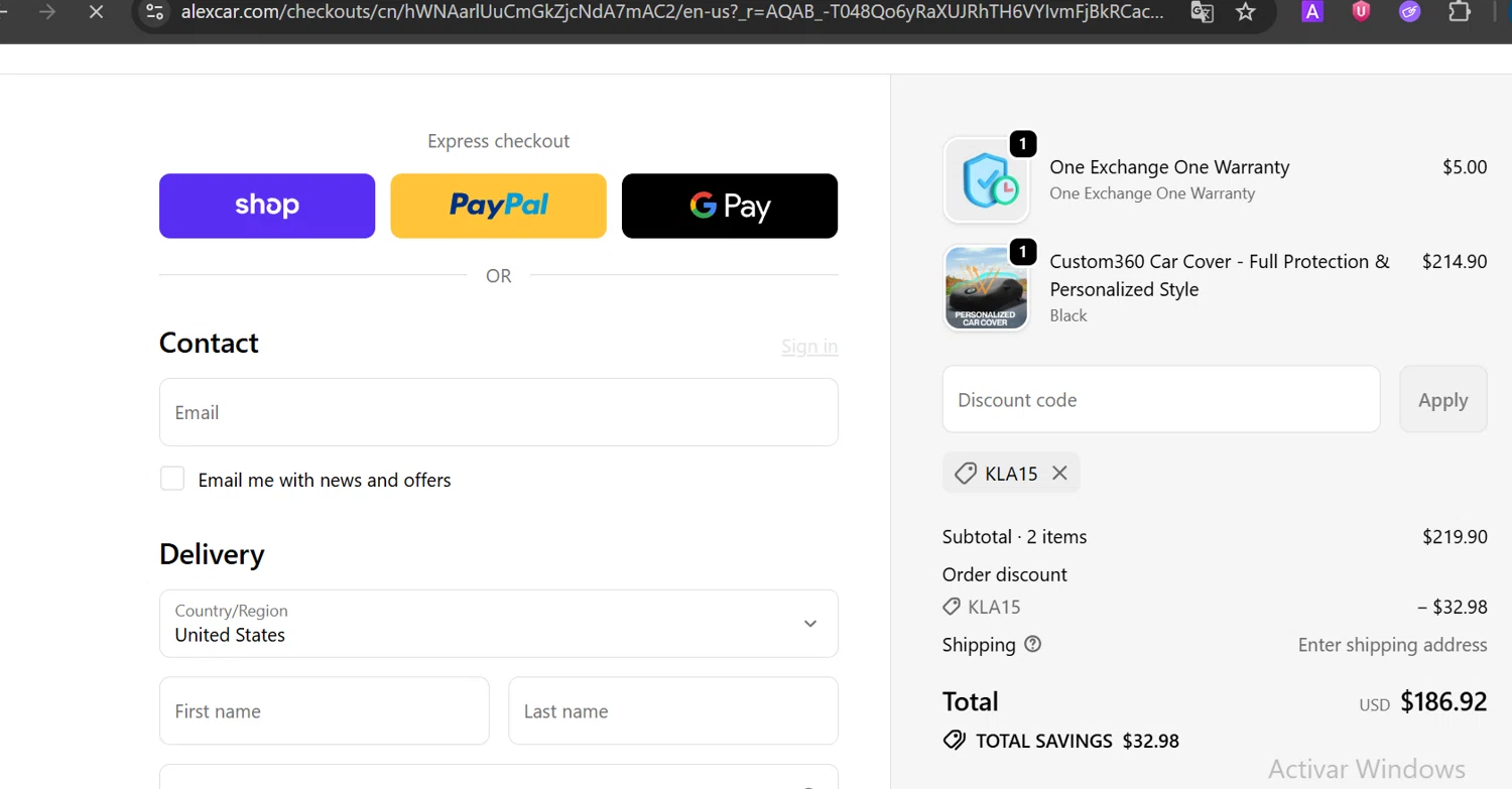 Alex Car promo code screenshot showing code KLA15 applied at Alex Car checkout page. Uploaded by SimplyCodes community member CoinOwl5103 on Apr 3, 2026