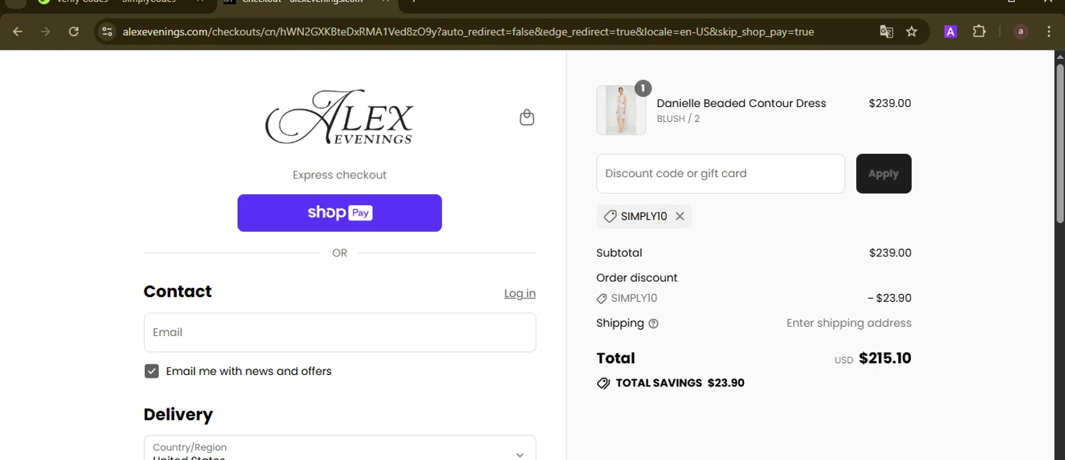 Alex Evenings discount code screenshot showing code SIMPLY10 applied at Alex Evenings checkout page. Uploaded by SimplyCodes community member GoldCurator1773 on Aug 27, 2025