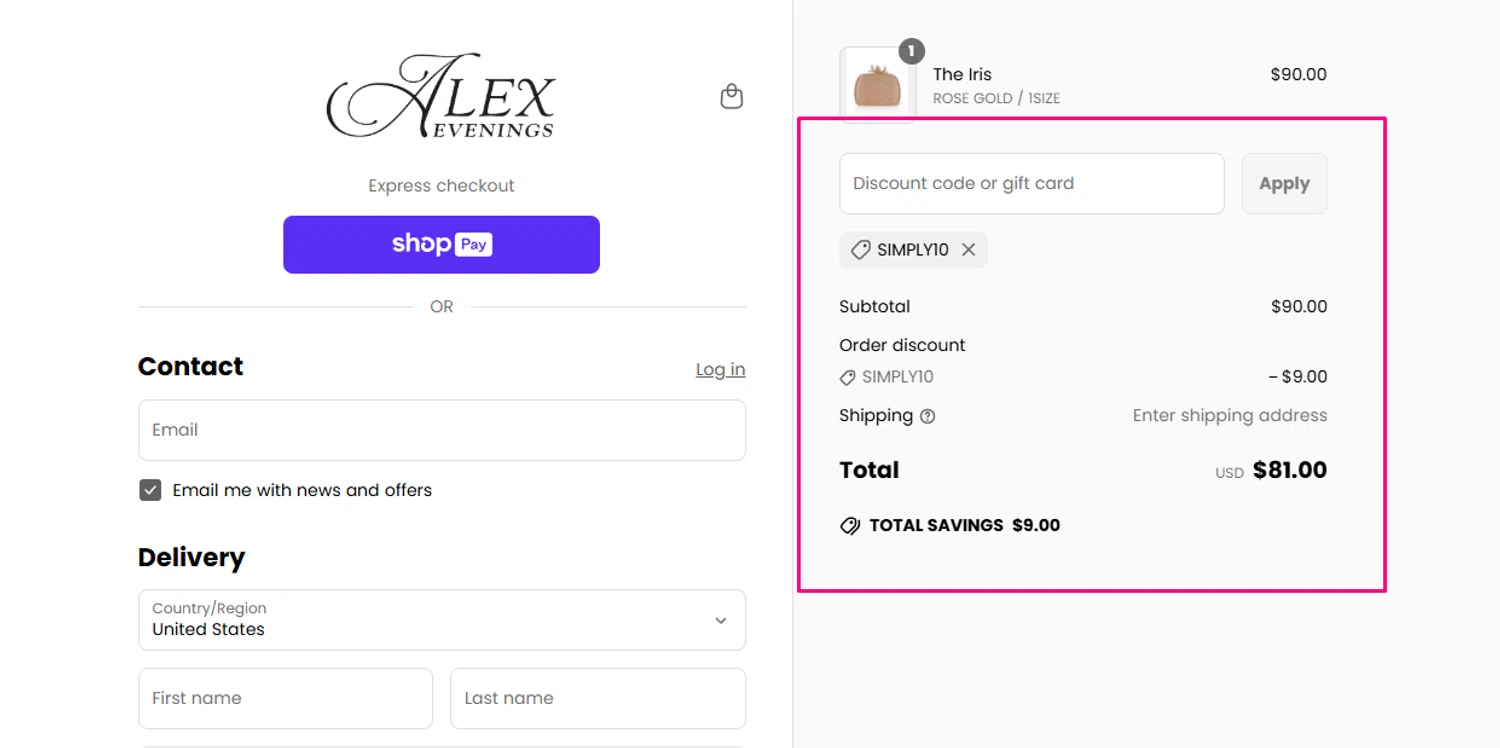 Alex Evenings discount code screenshot showing code SIMPLY10 applied at Alex Evenings checkout page. Uploaded by SimplyCodes community member Swiftdealz on Jun 30, 2025
