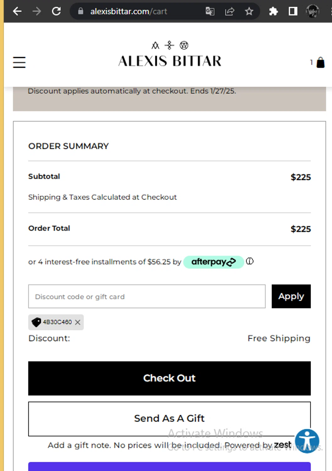 Alexis Bittar promo code screenshot showing code 4B30C460 applied at Alexis Bittar checkout page. Uploaded by SimplyCodes community member Gabrielo2000 on Jan 26, 2025