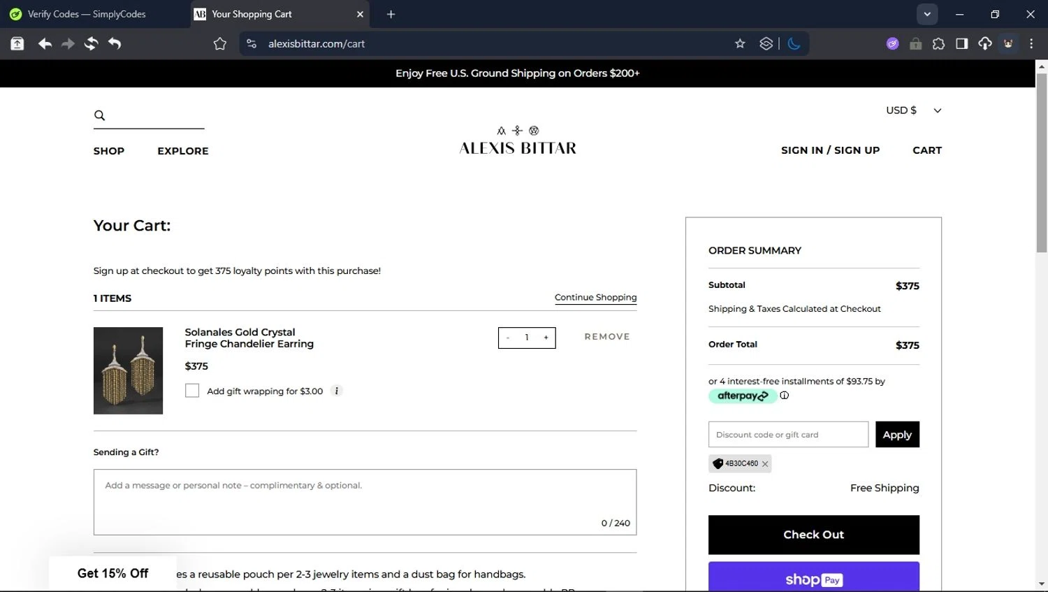 Alexis Bittar promo code screenshot showing code 4B30C460 applied at Alexis Bittar checkout page. Uploaded by SimplyCodes community member ValiantHunter5929 on Jul 29, 2025