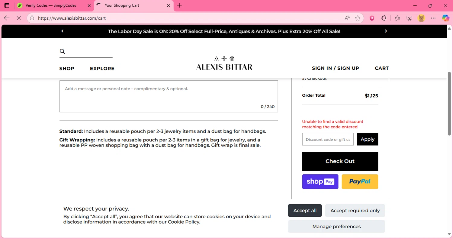 Alexis Bittar promo code screenshot showing code weekend15 applied at Alexis Bittar checkout page. Uploaded by SimplyCodes community member JumanjiValentino on Aug 28, 2025
