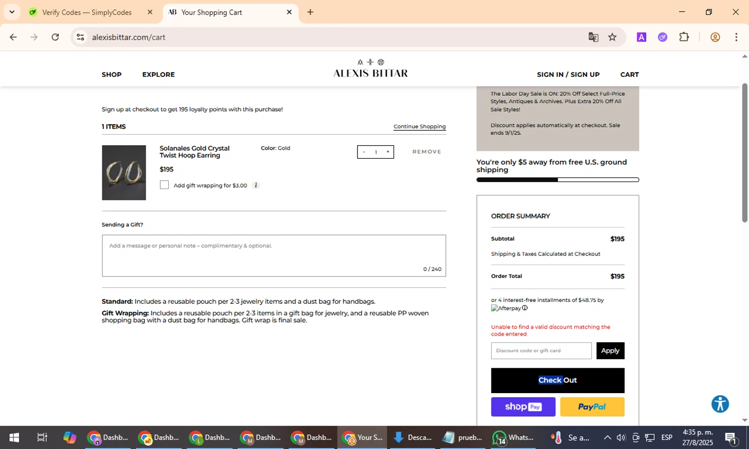 Alexis Bittar promo code screenshot showing code weekend15 applied at Alexis Bittar checkout page. Uploaded by SimplyCodes community member TreasurePro466 on Aug 27, 2025