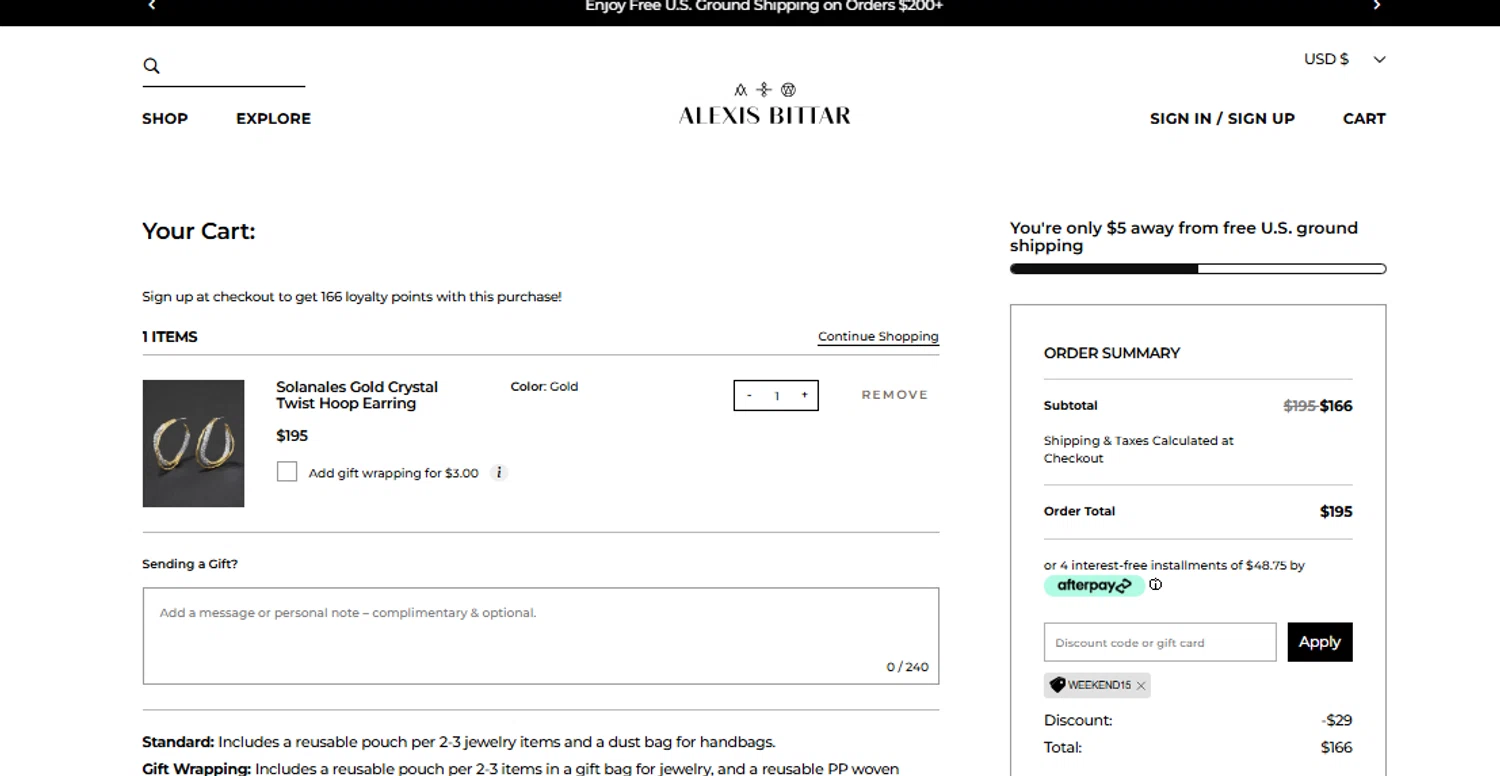 Alexis Bittar promo code screenshot showing code weekend15 applied at Alexis Bittar checkout page. Uploaded by SimplyCodes community member Jhonny on Aug 14, 2025