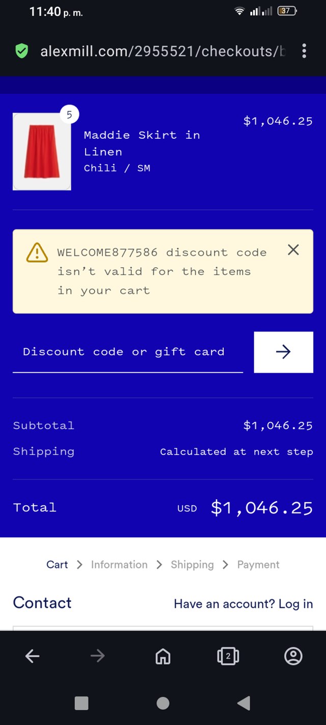 Alex Mill checkout page showing Alex Mill discount code box | Screenshot taken by SimplyCodes community member on Apr 20, 2024