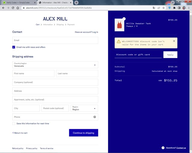 Alex Mill checkout page showing Alex Mill discount code box | Screenshot taken by SimplyCodes community member on May 9, 2024