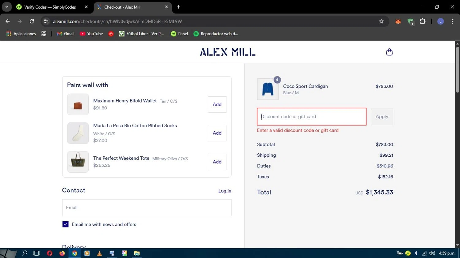 Alex Mill discount code screenshot showing code WELCOMER27629 applied at Alex Mill checkout page. Uploaded by SimplyCodes community member YOHALYSANCHEZ on Jul 22, 2025