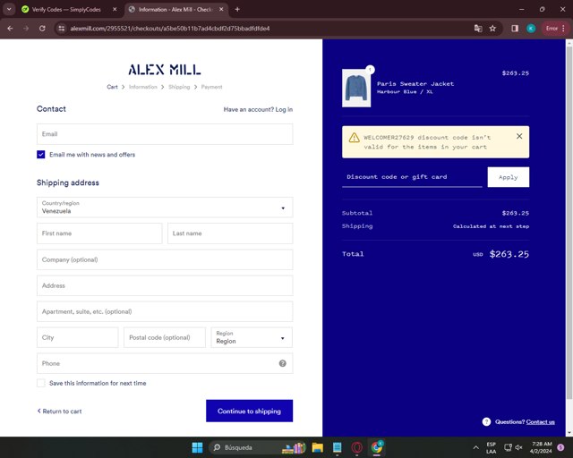 Alex Mill checkout page showing Alex Mill discount code box | Screenshot taken by SimplyCodes community member on Apr 2, 2024