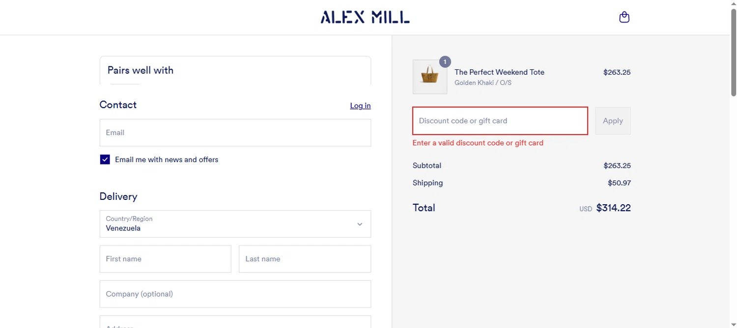 Alex Mill discount code screenshot showing code WELCOMER27629 applied at Alex Mill checkout page. Uploaded by SimplyCodes community member pipemalkovich on Jul 22, 2025
