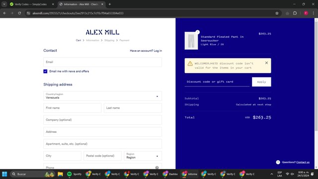 Alex Mill checkout page showing Alex Mill discount code box | Screenshot taken by SimplyCodes community member on May 24, 2024