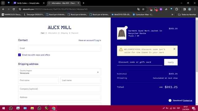 Alex Mill checkout page showing Alex Mill discount code box | Screenshot taken by SimplyCodes community member on Apr 2, 2024