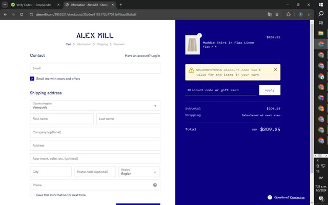 Alex Mill checkout page showing Alex Mill discount code box | Screenshot taken by SimplyCodes community member on May 1, 2024