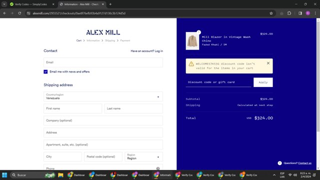 Alex Mill checkout page showing Alex Mill discount code box | Screenshot taken by SimplyCodes community member on Apr 2, 2024
