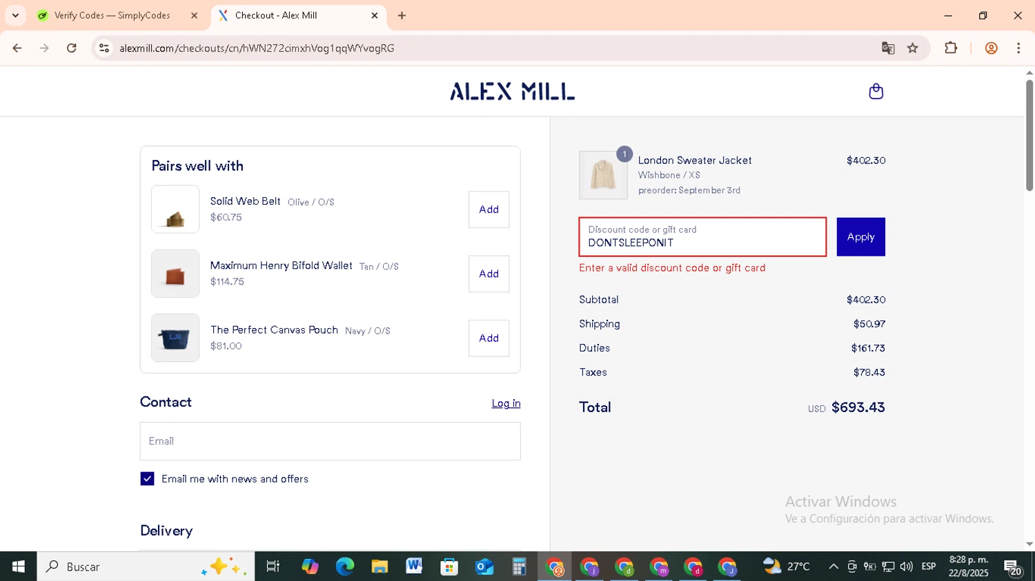 Alex Mill discount code screenshot showing code DONTSLEEPONIT applied at Alex Mill checkout page. Uploaded by SimplyCodes community member RebateCollector5909 on Aug 23, 2025
