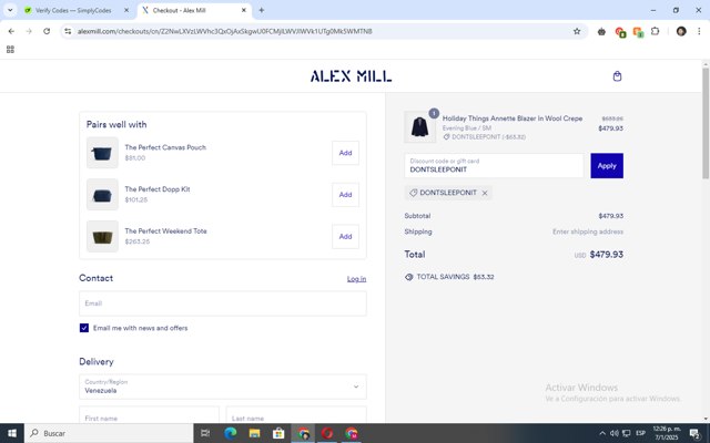 Alex Mill checkout page showing Alex Mill discount code box | Screenshot taken by SimplyCodes community member on Jan 7, 2025