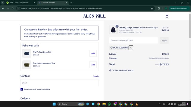 Alex Mill checkout page showing Alex Mill discount code box | Screenshot taken by SimplyCodes community member on Dec 26, 2024