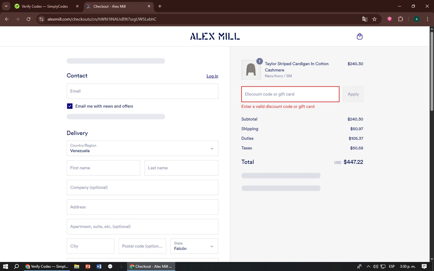 Alex Mill discount code screenshot showing code DONTSLEEPONIT applied at Alex Mill checkout page. Uploaded by SimplyCodes community member zizu55 on Aug 13, 2025