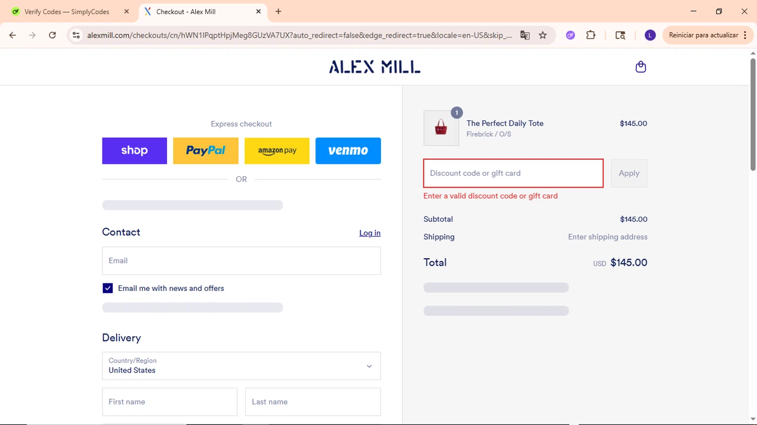 Alex Mill discount code screenshot showing code EXTRA15 applied at Alex Mill checkout page. Uploaded by SimplyCodes community member EpicWarden3081 on Aug 13, 2025