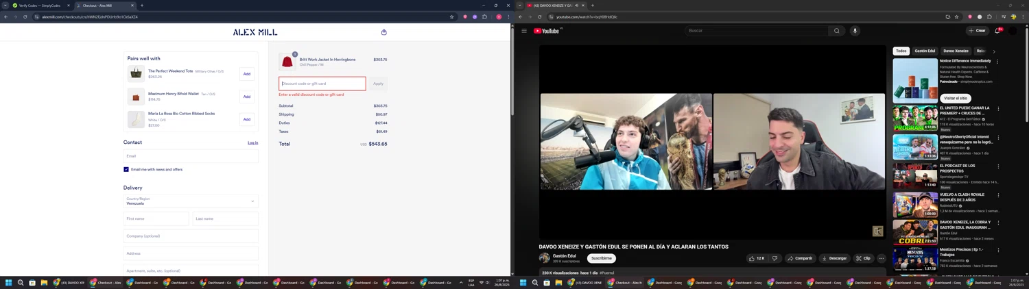 Alex Mill discount code screenshot showing code EXTRA15 applied at Alex Mill checkout page. Uploaded by SimplyCodes community member TreasureWarden457 on Aug 26, 2025