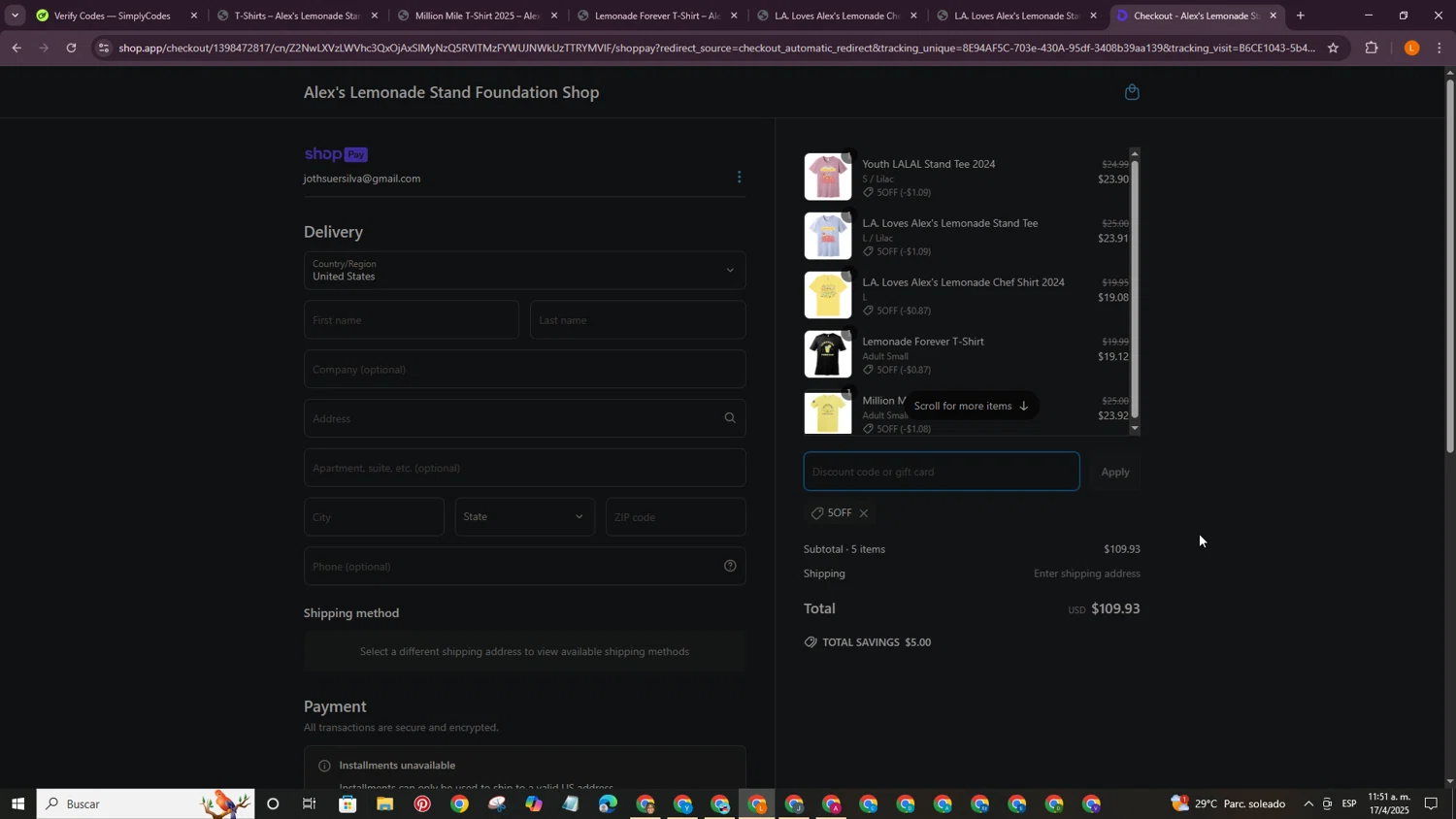 Alex’s Lemonade Stand Foundation promo code screenshot showing code 5OFF applied at Alex’s Lemonade Stand Foundation checkout page. Uploaded by SimplyCodes community member PrimeCaptain3418 on Apr 17, 2025