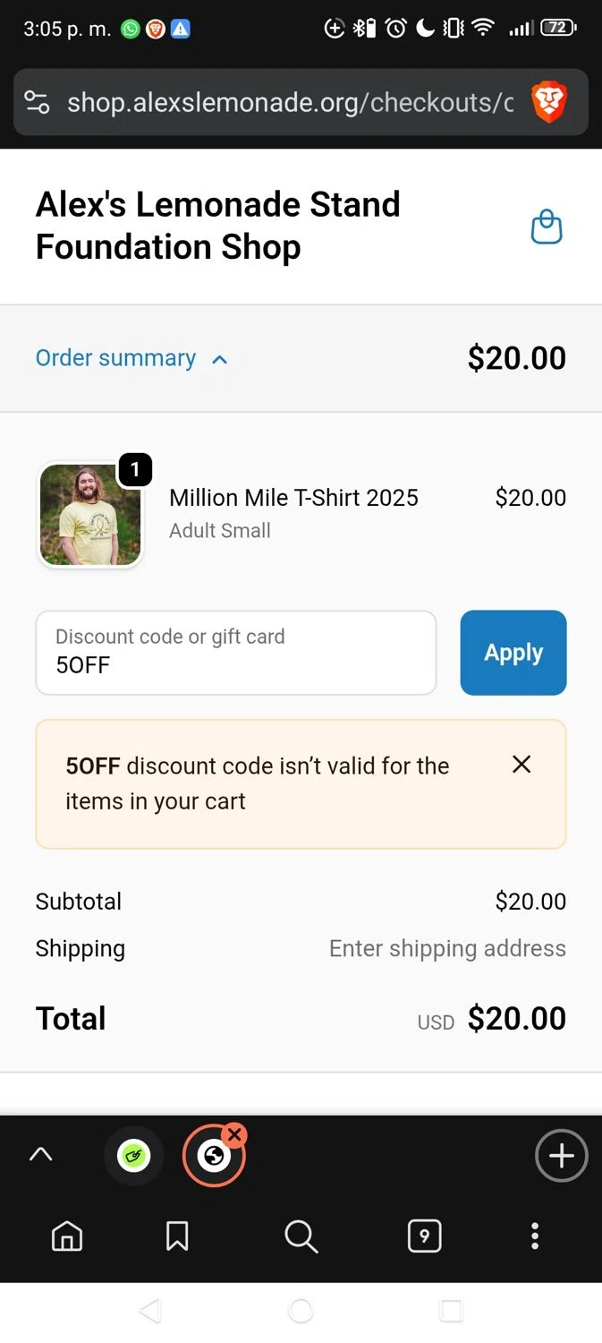 Alex’s Lemonade Stand Foundation promo code screenshot showing code 5OFF applied at Alex’s Lemonade Stand Foundation checkout page. Uploaded by SimplyCodes community member Vivachavez on Dec 11, 2025