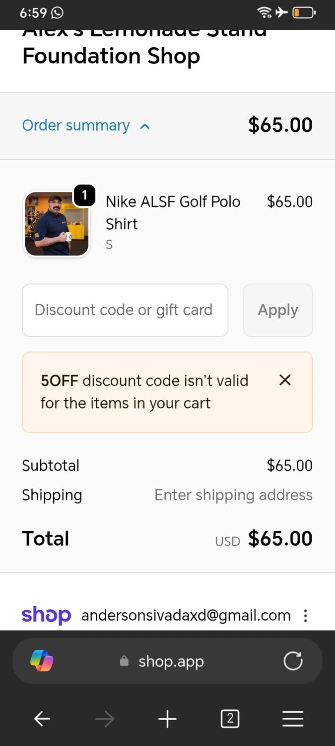 Alex’s Lemonade Stand Foundation promo code screenshot showing code 5OFF applied at Alex’s Lemonade Stand Foundation checkout page. Uploaded by SimplyCodes community member Xx_Cogeburras3000_xX on Jan 27, 2026