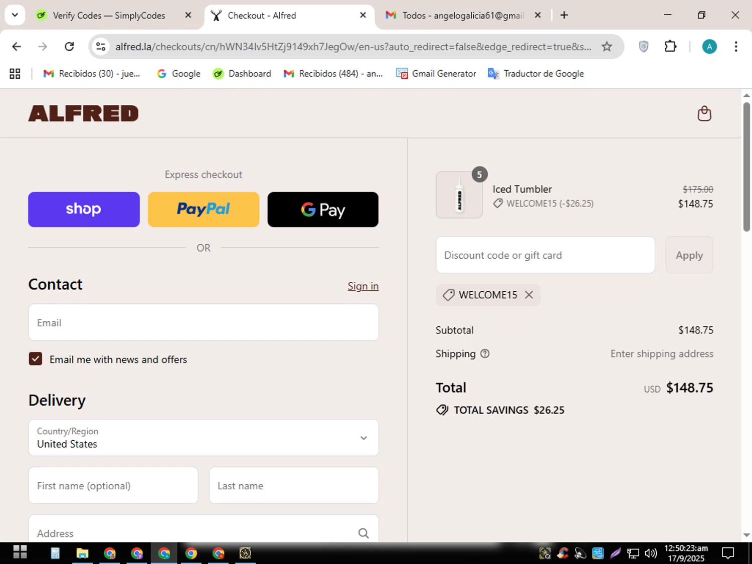 Alfred.La promo code screenshot showing code WELCOME15 applied at Alfred.La checkout page. Uploaded by SimplyCodes community member SavingsScout358 on Sep 17, 2025