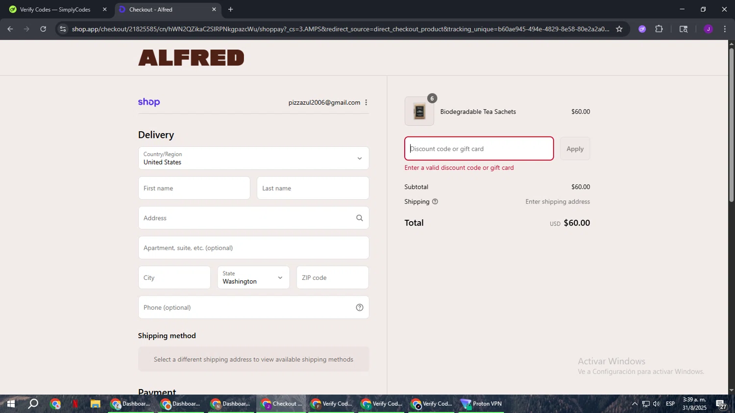 Alfred.La promo code screenshot showing code SUMMERSAVINGS applied at Alfred.La checkout page. Uploaded by SimplyCodes community member ComeBurra123 on Aug 31, 2025